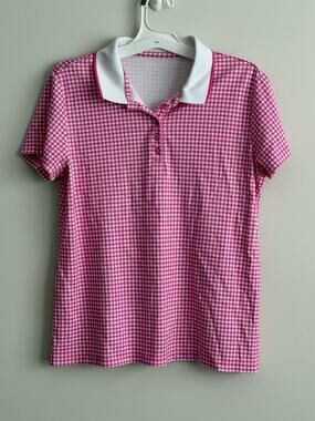 Lands’ End Pink & White Gingham Short Sleeve Polo Shirt Size Medium